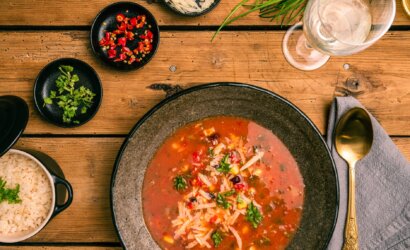 black ceramic bowl with soup